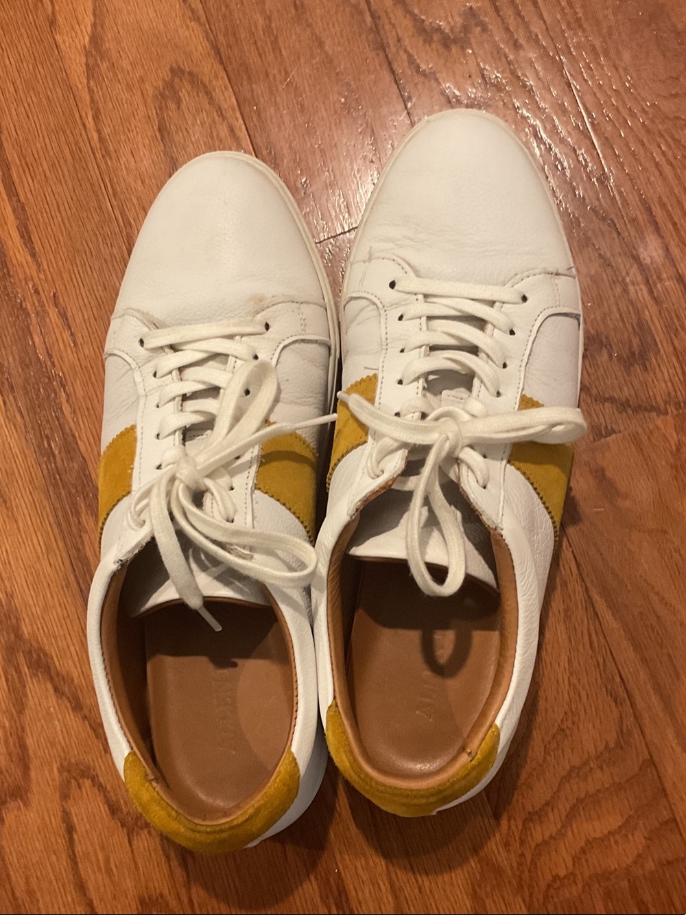 Allen Edmonds White Leather Sneakers with Yellow Suede Accent